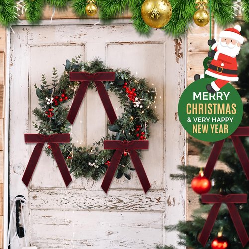 30 Pcs Christmas Velvet Wreath Bow, 5 x 7 Inch Vintage Velvet Ribbon Bows Rustic Crafts Gift Bows for Indoor Outdoor Wreaths Garland Holiday Xmas Tree Wrapping Crafts (Burgundy Red, Width of 1")