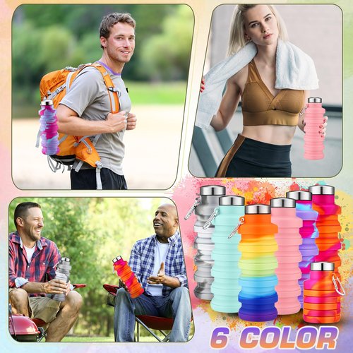 Sunnyray Collapsible Water Bottles Bulk Foldable Water Bottles 17oz Silicone Portable Leak Proof Reusable Sports with Clip for Travel Hiking Camping Outdoor(Tie-dye,20 Pack)