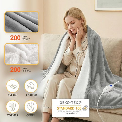 Myiosus Heated Blanket - Fast Heating Electric Throw with 9 Levels & Time Settings | Soft Velvet Sherpa, 50"x60", Grey