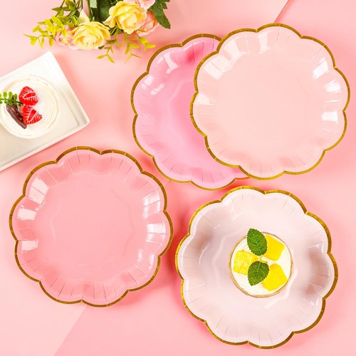 AimFun 24 Pcs Pink Party Plates Mothers Day Gradient Pink Dessert Paper Plates 7inch Gold Foil Scalloped Edge Disposable Cake Plates for Christmas Birthday Bridal Baby Shower Party Supplies
