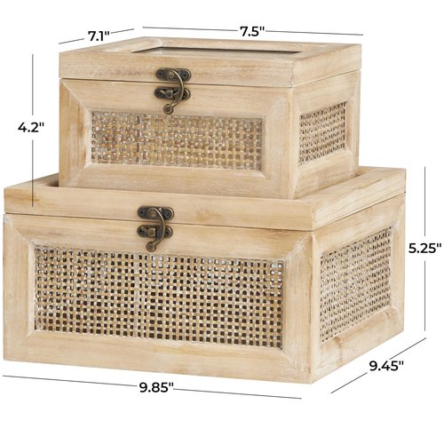 Deco 79 Wood Decorative Box Glass Top Decorative Keepsake Boxes with Rattan Side Panels and Bronze Hook Closures, Set of 2 Storage Boxes 9", 7"W, Light Brown