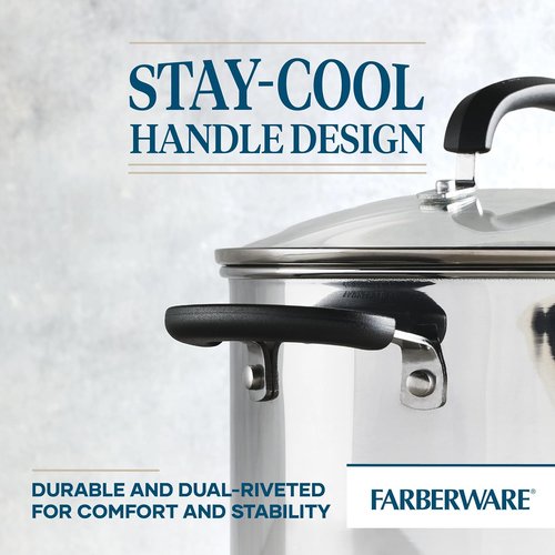 Farberware Brilliance Stainless Steel Stockpot - 8 Quart, Induction Ready, Dishwasher Safe, Glass Lid
