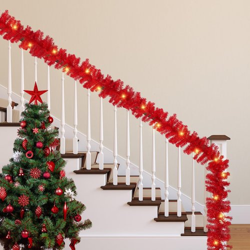 Jutom 13.2 ft Valentine's Garlands with 16.4 ft LED Lights Artificial Garland Romantic Pine Valentine Garland Decoration for Stairs Fireplace Mantel Front Door Porch Holiday Party(Red)