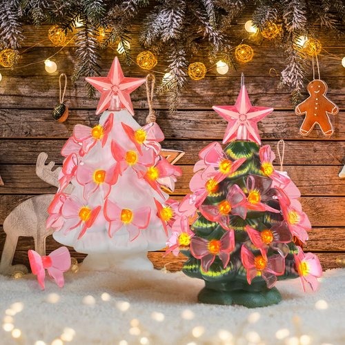 Soulchen 200 Pcs Pink Ceramic Christmas Tree Replacement Lights Bulbs Acrylic Pink Bow Light Pegs Ornaments for Christmas Tabletop Ceramic Tree Decoration