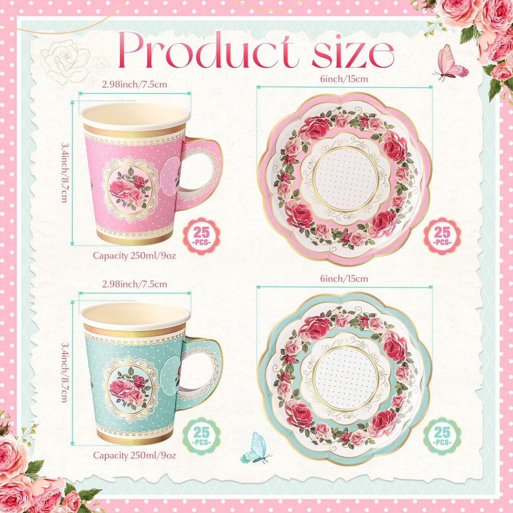Tioncy 100 Pcs Tea Party Decorations Include 50 Pieces 9 oz Paper Tea Cups with Handle and 50 Plates Disposable Teacups and Saucers Sets for Birthday(Pink and Blue Floral)