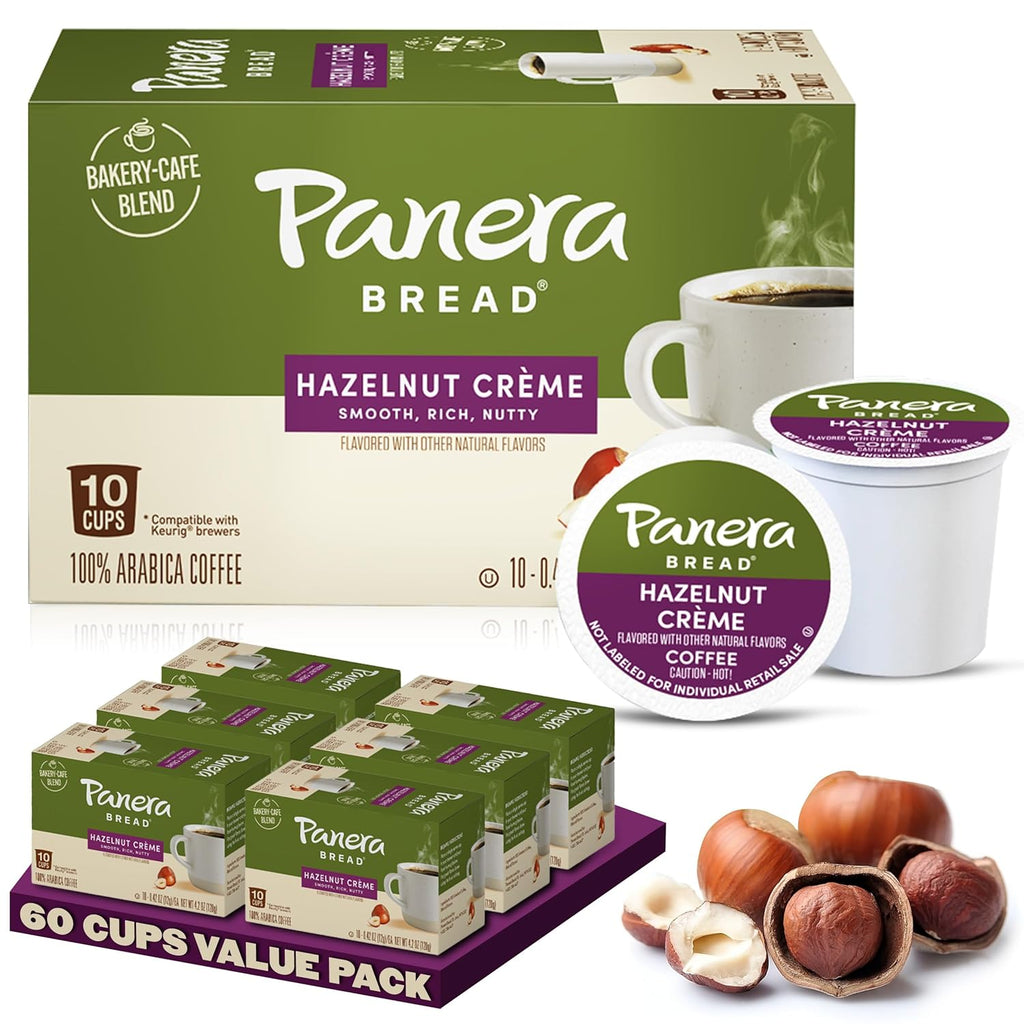 Panera Bread Hazelnut Crème Light Roast Coffee - Smooth Buttery Flavor, 100% Arabica, 60 Single Serve Pods (6 Packs of 10)