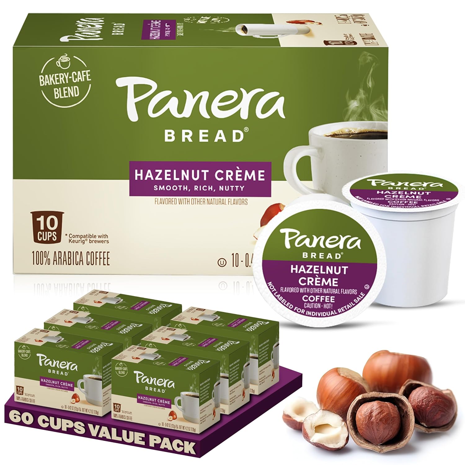 Panera Bread Hazelnut Crème Light Roast Coffee - Smooth Buttery Flavor, 100% Arabica, 60 Single Serve Pods (6 Packs of 10)
