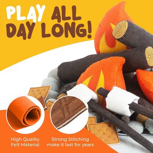 Pretend Campfire Set for Kids with S'Mores Kit & Wood Log Pillow - Soft, Safe & Durable Toy Campfire for Pretend Play & Sensory Play - Giftable Plush Felt Kids Campfire Playset for Ages 3+