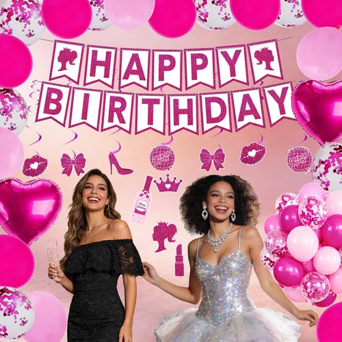 Hot Pink Birthday Party Decorations 99 Pcs, Pink Happy Birthday Party Decorations for Women, Girl with Banner, Hanging, Backdrops, Foil Balloons, Tableware, Tiara, Sash, Sunglasses