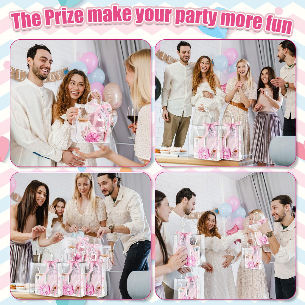Reallnaive 43 Pcs Baby Shower Prizes for Player Winner Wedding Bridal Shower Favor Gifts Including Glass Cups Aromatherapy Candle Eye Mask Hair Band Greeting Card Pen Ribbon Gift Bag(Bear Style,Pink)