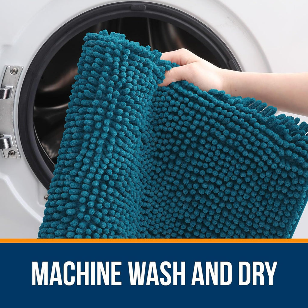 OLANLY Bathroom Rugs - Extra Soft Chenille Bath Mats with Rubber Backing | 59x20, Quick Dry, Peacock Blue