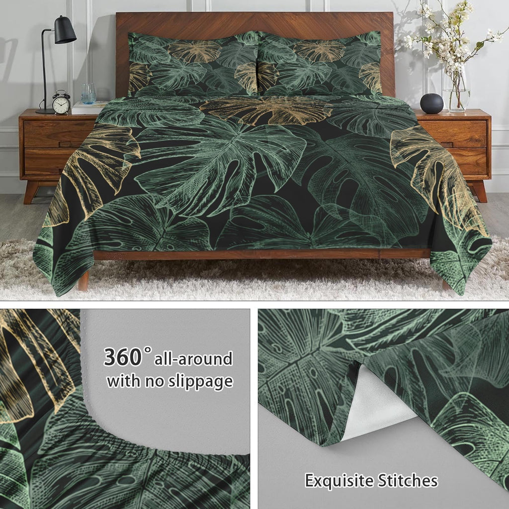 WeCozy Queen Size Bed Sheet Sets with Pillowcases, Green Golden Tropical 4 Pcs Soft Microfiber Bedding for Kids and Adults, Leaves Monstera Palm Flat, Fitted Sheet for Bedroom Bed Decor