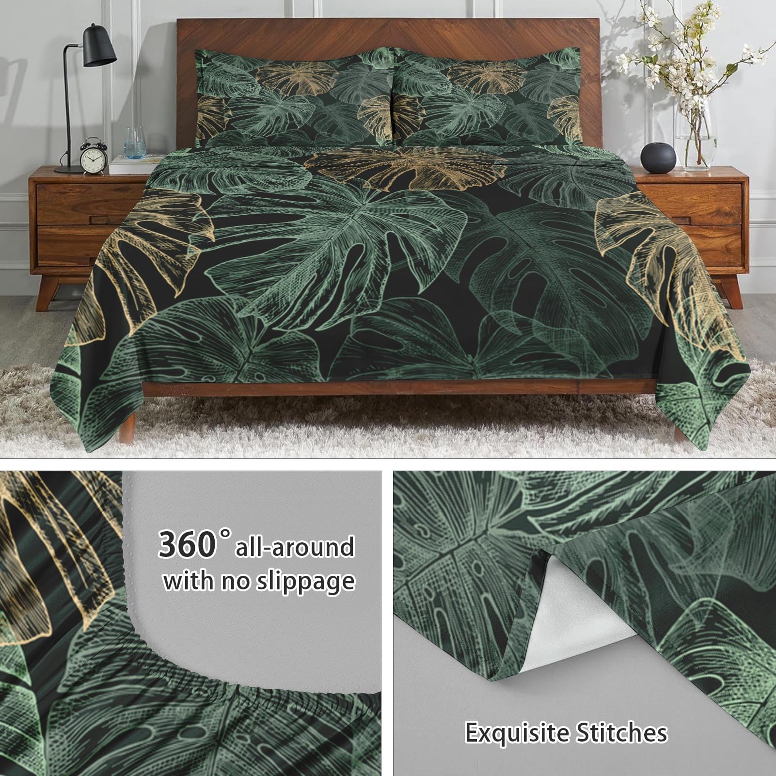 WeCozy Queen Size Bed Sheet Sets with Pillowcases, Green Golden Tropical 4 Pcs Soft Microfiber Bedding for Kids and Adults, Leaves Monstera Palm Flat, Fitted Sheet for Bedroom Bed Decor