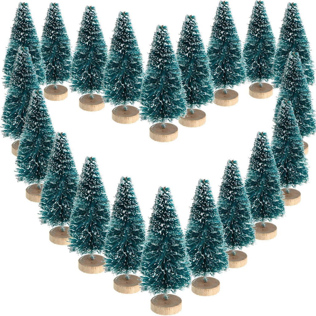Skiennix Mini Bottle Brush Christmas Trees - 24 Pack with Wood Base | Artificial Winter Decor (Blue-Green)