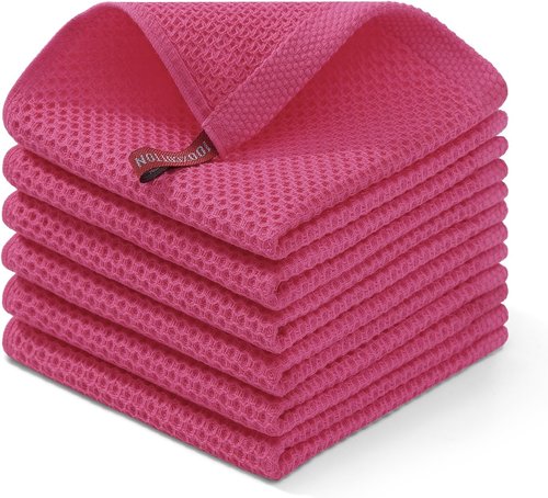 Homaxy Kitchen Dish Cloths - Ultra Soft 100% Cotton Waffle Weave, Quick Drying, 12 x 12 Inches, 6-Pack, Hot Pink