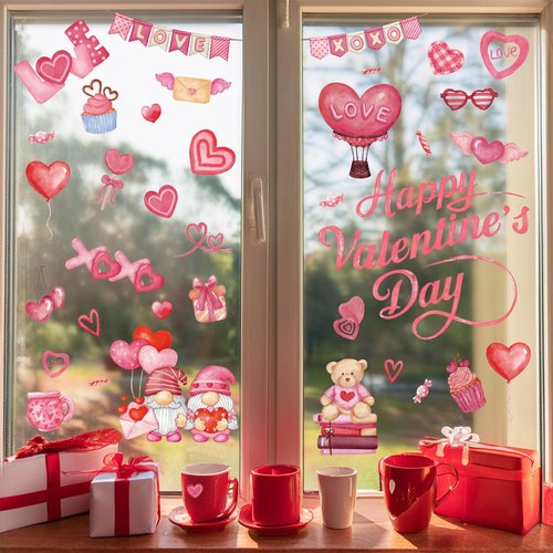 GULWAT 123 PCS Valentines Day Window Clings Decorations, 9 Sheets Red Pink Heart Happy Valentines Window Decals for Home Office Classroom Anniversary Party Store Glass Crafts Stickers Decor