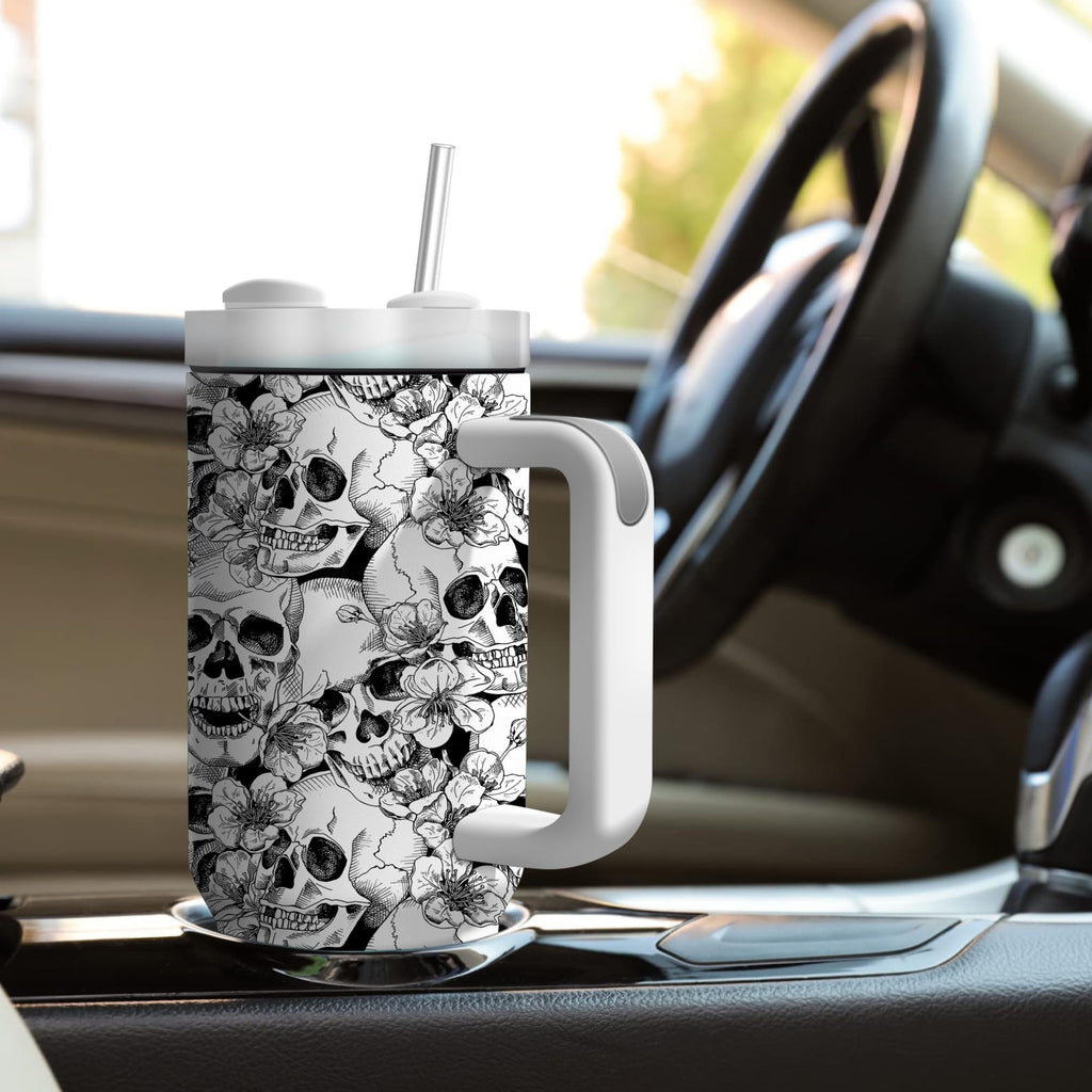 Equoza Flower Skull Halloween 30oz Tumbler with Handle Gift for Her Travel Mug Double Wall Vacuun Insulated Cup with Lid and Straw (Pack of 1)