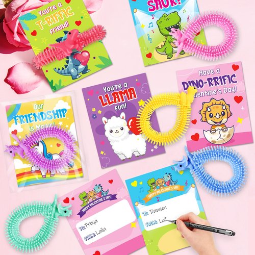 30 Pcs Valentines Day Card for Kids School with Multi-color Stretchy String Toys, Valentines Day Gifts for Kids Classroom, Dinosaur Unicorn Stress Sensory Fidget Toys for Party Favors Prize Exchange