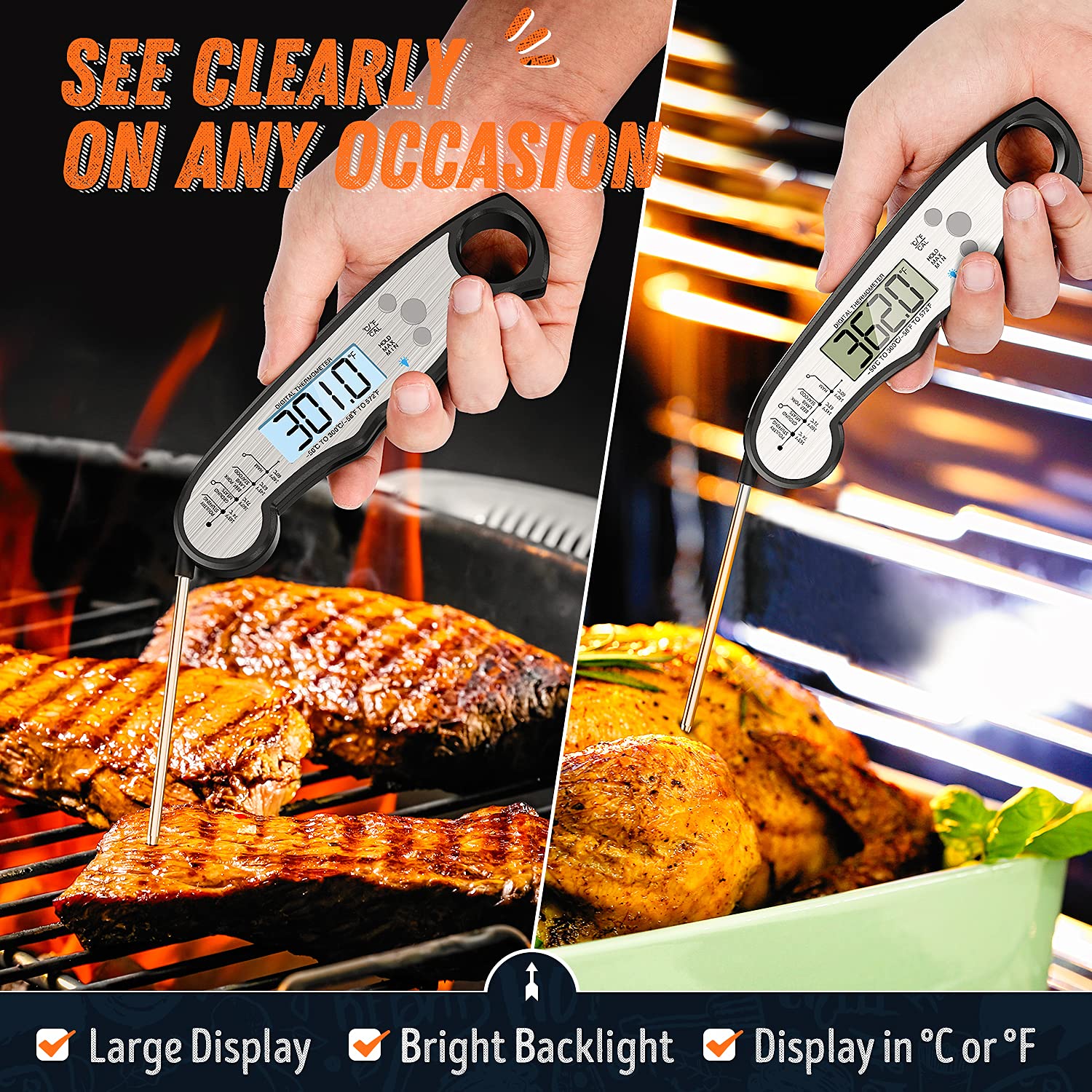 Skiennix Digital Meat Thermometer - Waterproof Instant Read Cooking Tool with Backlight & Calibration | Perfect for BBQ, Candy, Liquids, Beef, Turkey