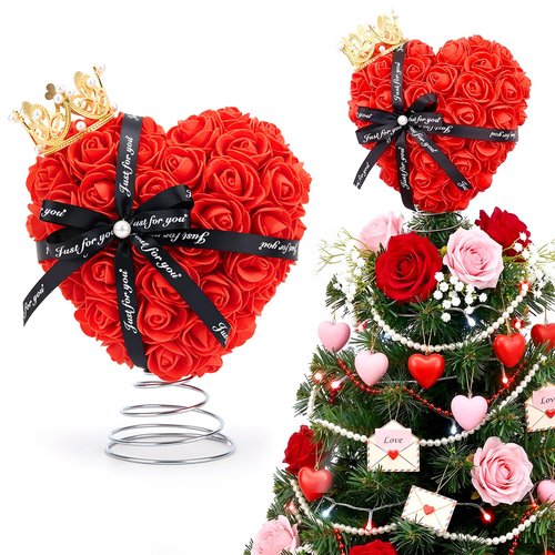Capoda Valentine's Day Tree Topper Red Rose Heart Topper with Bows Decorations for Mini Christmas Tree 8 Inch Heart Treetop Ornaments for Valentines Galentines Day Holiday Wedding Party Supplies(Rose)