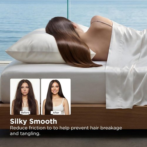 Bedsure Cooling Pillow Cases - Softer Than Silk Queen Set of 2 | White Zippered Pillowcases Infused with 3% HA & Ceramides for Hydrated Skin