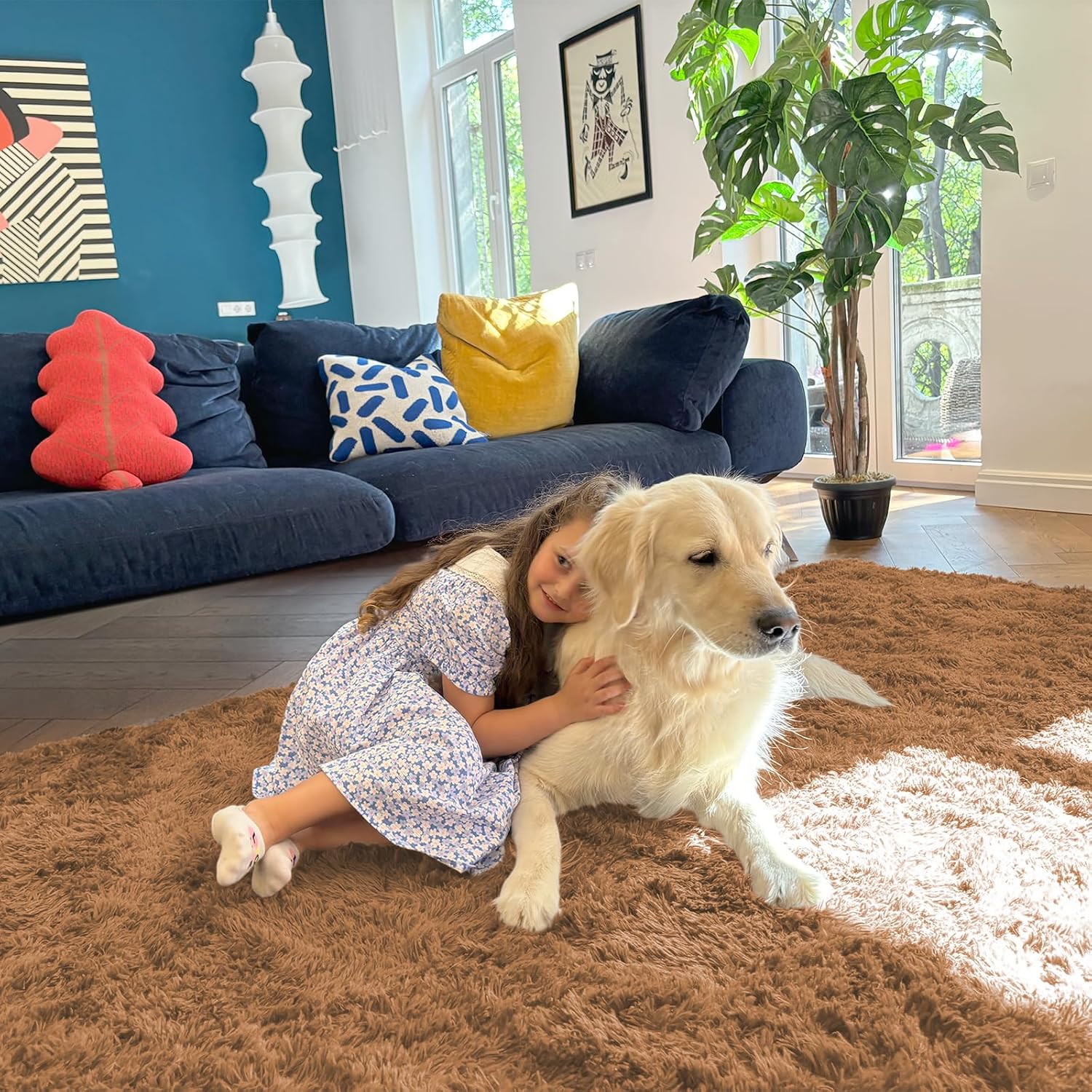 OLANLY Area Rugs - Soft Fluffy Shaggy Indoor Carpet for Living Room & Bedroom | 4x5.9 ft Khaki