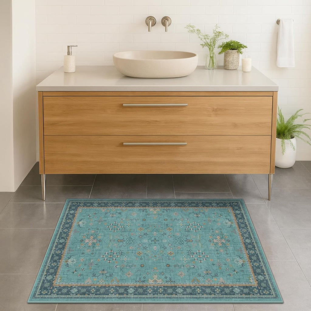 Teal Throw Rugs by 2x4 - Washable Non-Slip Kitchen Rug | Boho Floral Indoor Carpet for Entryway & Bathroom
