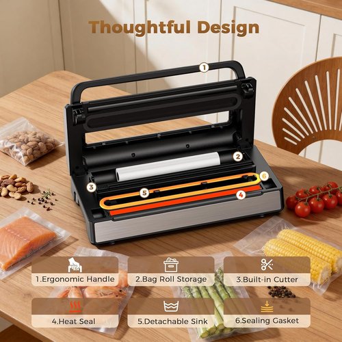 Automatic Food Vacuum Sealer Machine - 180W Kitchen Sealer with Hands-Free Suction & Built-in Cutter | Includes 2 Rolls & 10 Bags