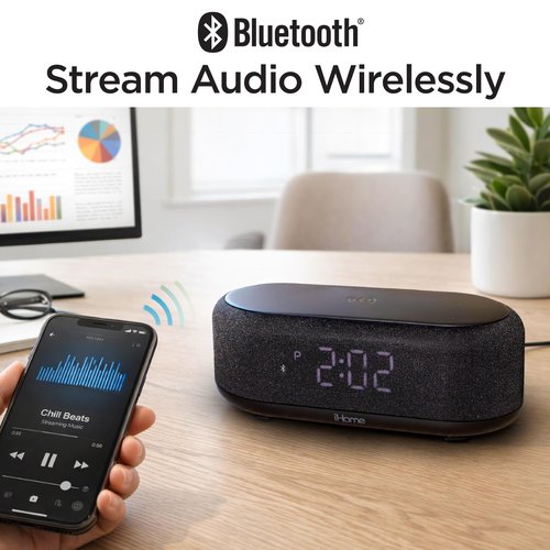 iHome Bluetooth Alarm Clock with Wireless Charger and USB Charging Station, Digital Alarm Clock for Bedrooms, Office, or Dorm (iBTW112)
