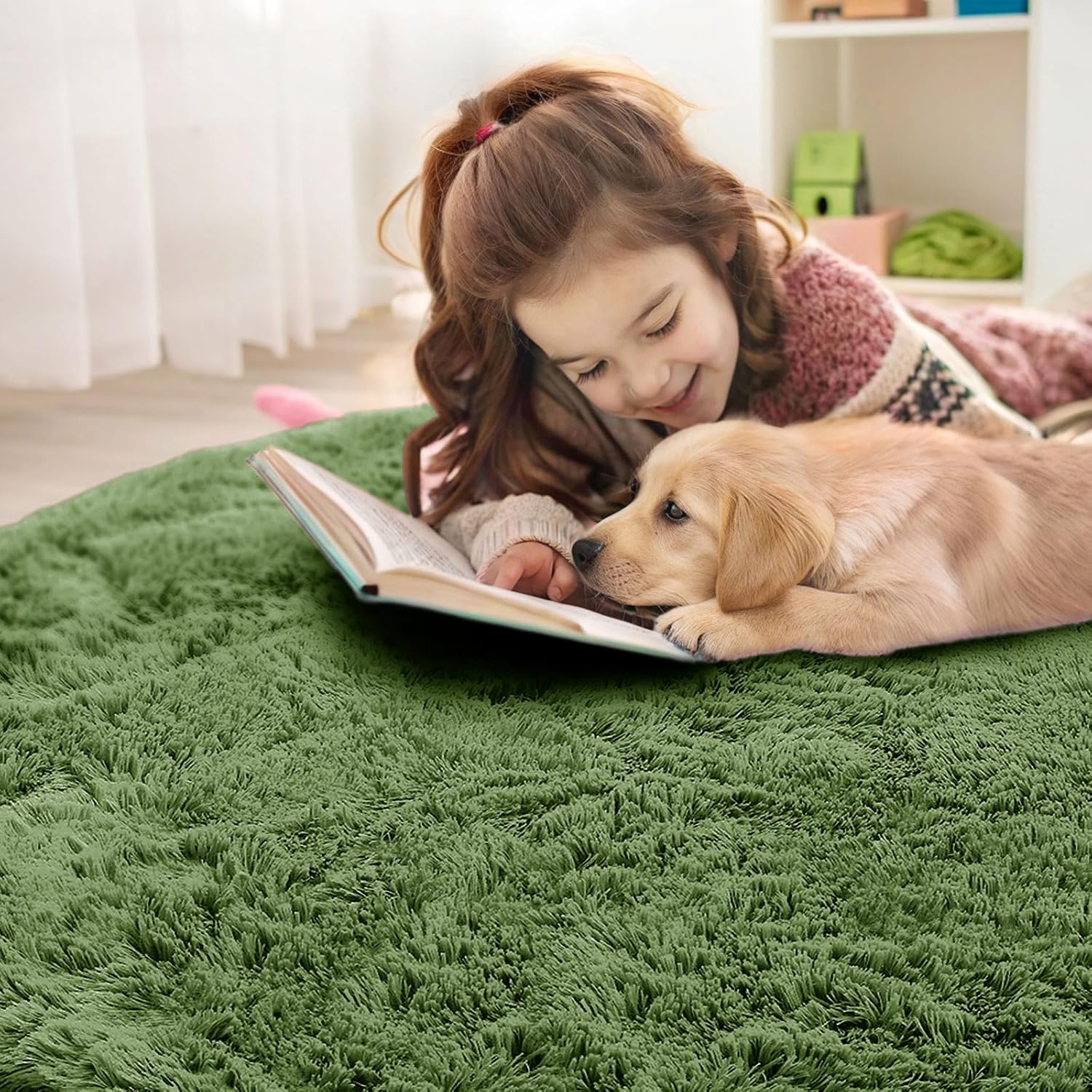 OLANLY Green Round Area Rug - Soft, Fluffy, Machine Washable 4 ft Circle Carpet for Bedroom & Living Room