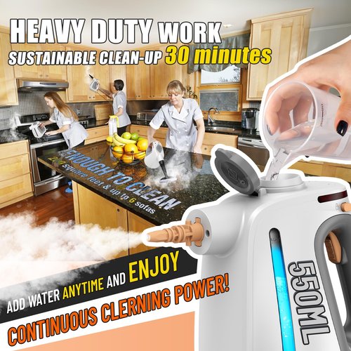 Heavy Duty Handheld Steam Cleaner for Cleaning with Lockable Steam Button&11pcs Accessories, Unlimited Water Addition for Continuous Steaming, Multi-Purpose Steamer for Cleaning Car, Grout (Grey)