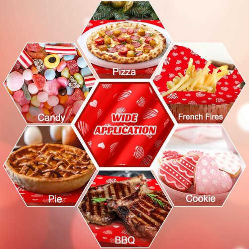 Marspark 100 Sheets Valentine's Day Heart Wax Paper for Food Wrapping 11.4 x 11 Inches Red Food Basket Wax Paper for Spring Picnic Wedding Birthday Candy Cookies Sandwich Burgers Greaseproof Wrapping