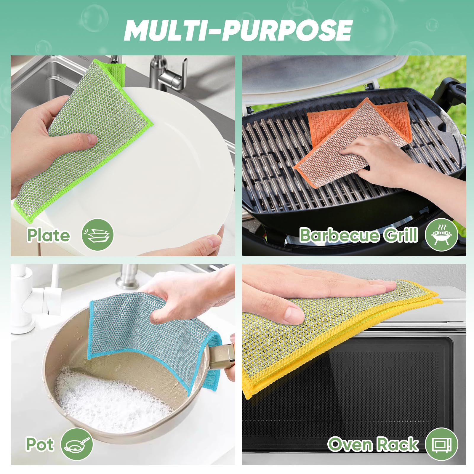 Orighty Multipurpose Wire Dishwashing Rag 12 Pcs, Upgraded Double-Layer Non-Scratch Wire Dish Cleaning Cloths, Kitchen Reusable Steel Scrubber, Powerful Dishcloth Rag for Cookware, Multicolor, 7"x8"