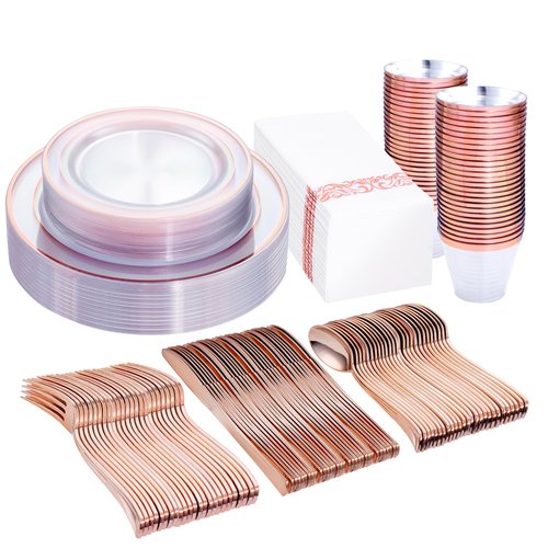 DaYammi 350Pcs Rose Gold Dinnerware Set Include: 50 Dinner Plates 10.25’’,50 Dessert Plates 7.5’’,50 Rose Gold Cutlery,50 Disposable Cups 9 OZ with 50 Napkins for Party