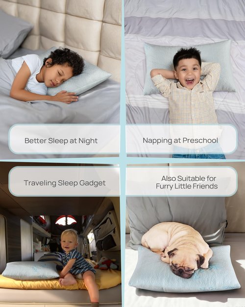 ATTABABY Toddler Pillow, Adjustable Memory Foam Pillow for Toddler 2 Years & Above, Two Washable No Zipper Pillowcase Included, 13” x 18” Mini Size for Kid Sleeping, Napping or Traveling, Blue
