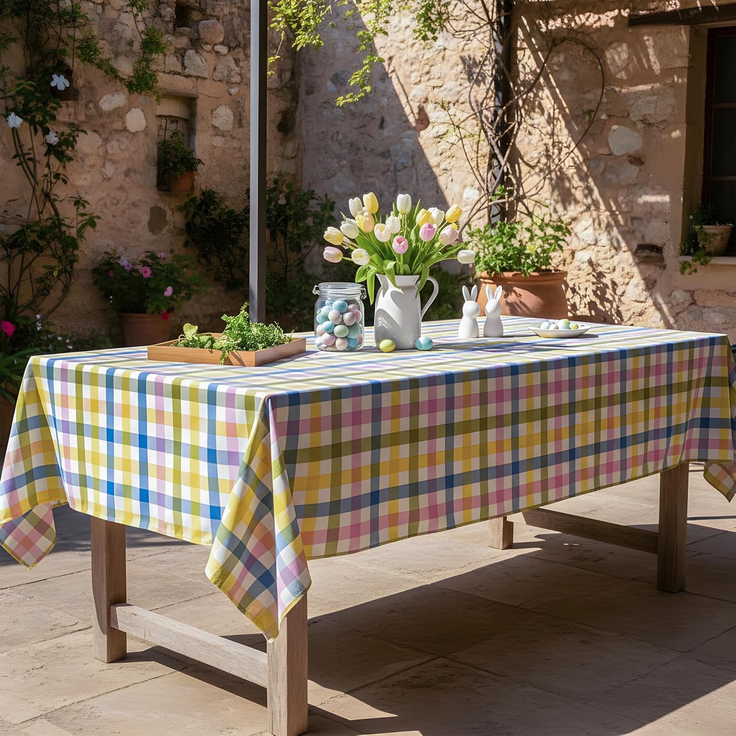 Pastel Checkered Tablecloth by Easter - Waterproof Polyester Fabric for Spring Parties | 60 x 84 in