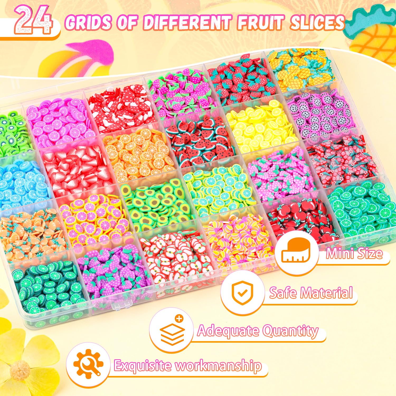 TINKRSTUFF Fruit Slice Polymer Clay Slime Add-Ins - 24-Grid Assorted Fimo Accessories for Nail Art & DIY Crafts