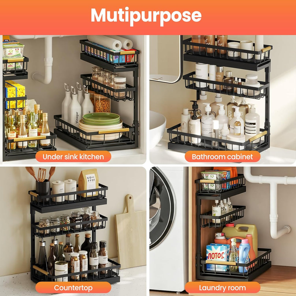Under Sink Organizer - 3 Tier Pull Out Shelf Storage for Bathroom & Kitchen | 2 Pack Slide Out Drawers