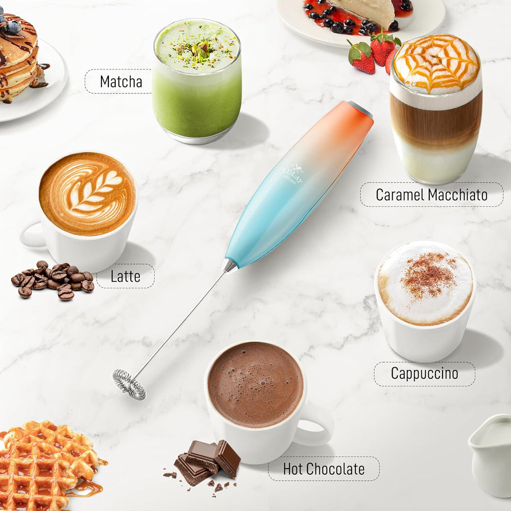 Zulay Kitchen Milk Frother Handheld Electric Whisk with AA Duracell Batteries – Durable Drink Mixer for Coffee, Lattes, Cappuccinos & More - Sunrise