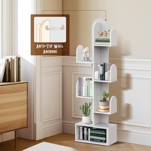 DOZILY Cactus Tree Bookshelf, 5-Tier Wood 50" Tall Storage Rack for CDs/Movies/Books, Small Space-Saving Organizer Shelves for Living Room, Bedroom, Home Office (Mist Green)