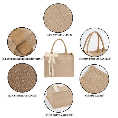 12pcs Burlap Tote Bag Set with Handles, Waterproof Reusable Blank Water Resistant Grocery Bags with Ribbon Large Jute Tote 15.35*6*12 Inch for Women Bridesmaid Gift Beach Shopping Wedding Travel DIY
