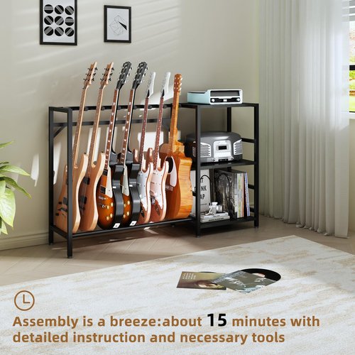 ZHNSYDN Record Player Stand with Guitar Stand, Record Player Table with Guitar Rack, Guitar Holder 7 Space for Multiple Guitars, Bass, Acoustic, Guitar Display for Home Music Studio, Black