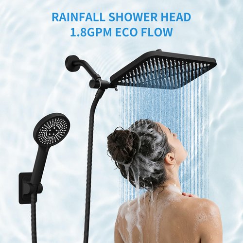 RFOUO Wide Rain Shower Head with Handheld, High Pressure Rainfall Showerhead Combo with Arm,Detachable Dual Shower with Multi Modes Handheld Spray Matte Black
