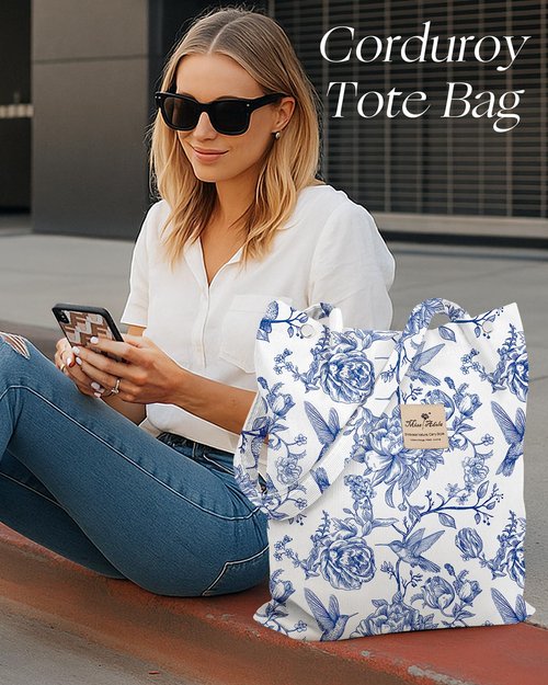 Miss Adola Corduroy Tote Bag for Women - Reusable Totes with Inner Pocket & Buckle Cute Aesthetic Design Cloth Shopping Grocery Shoulder Bag for Work Travel, Line Style Bird