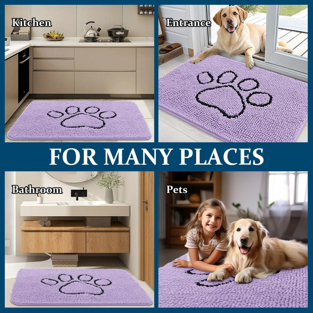 OLANLY Dog Door Mat - Absorbent Non-Slip Muddy Paws Design | 48x30 Lavender Chenille Doormat