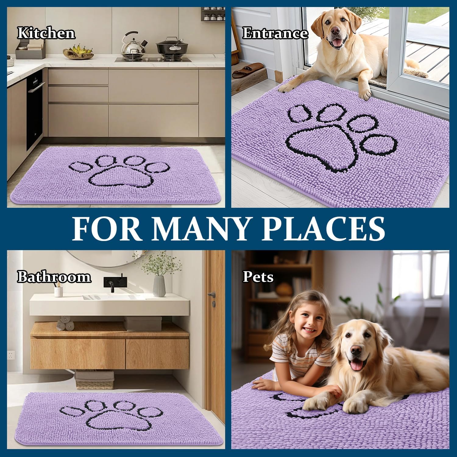 OLANLY Dog Door Mat - Absorbent Non-Slip Muddy Paws Design | 48x30 Lavender Chenille Doormat