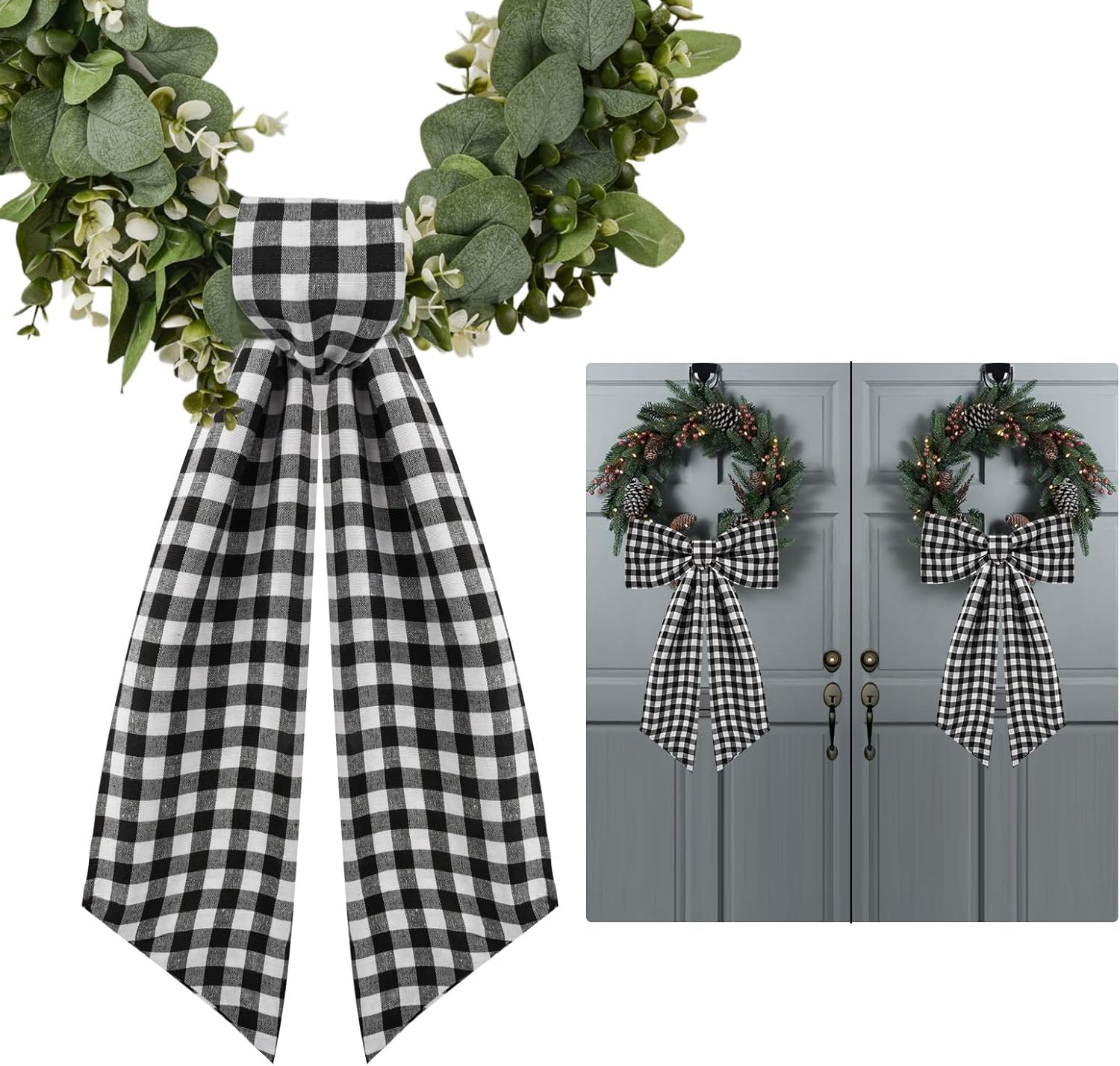 Skiennix 2 Pack Wreath Sash - Stylish Boxwood Garland for Front Door Decor | White & Black Plaid