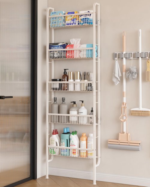 UMDONX Behind The Door Bathroom Shelf Narrow 5-Tier, Space-Saving Slim Storage Shelf Narrow Shelving Unit for Bathroom and Kitchen White
