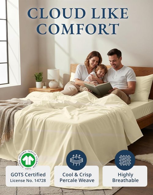 LANE LINEN 100% Organic Cotton Queen Sheets, 4Pc Cotton Sheets Set, Classic Percale Weave Bedsheets Queen Size Bed, Soft Breathable Sheet & Pillowcase Sets, Deep Pocket 15" - Natural