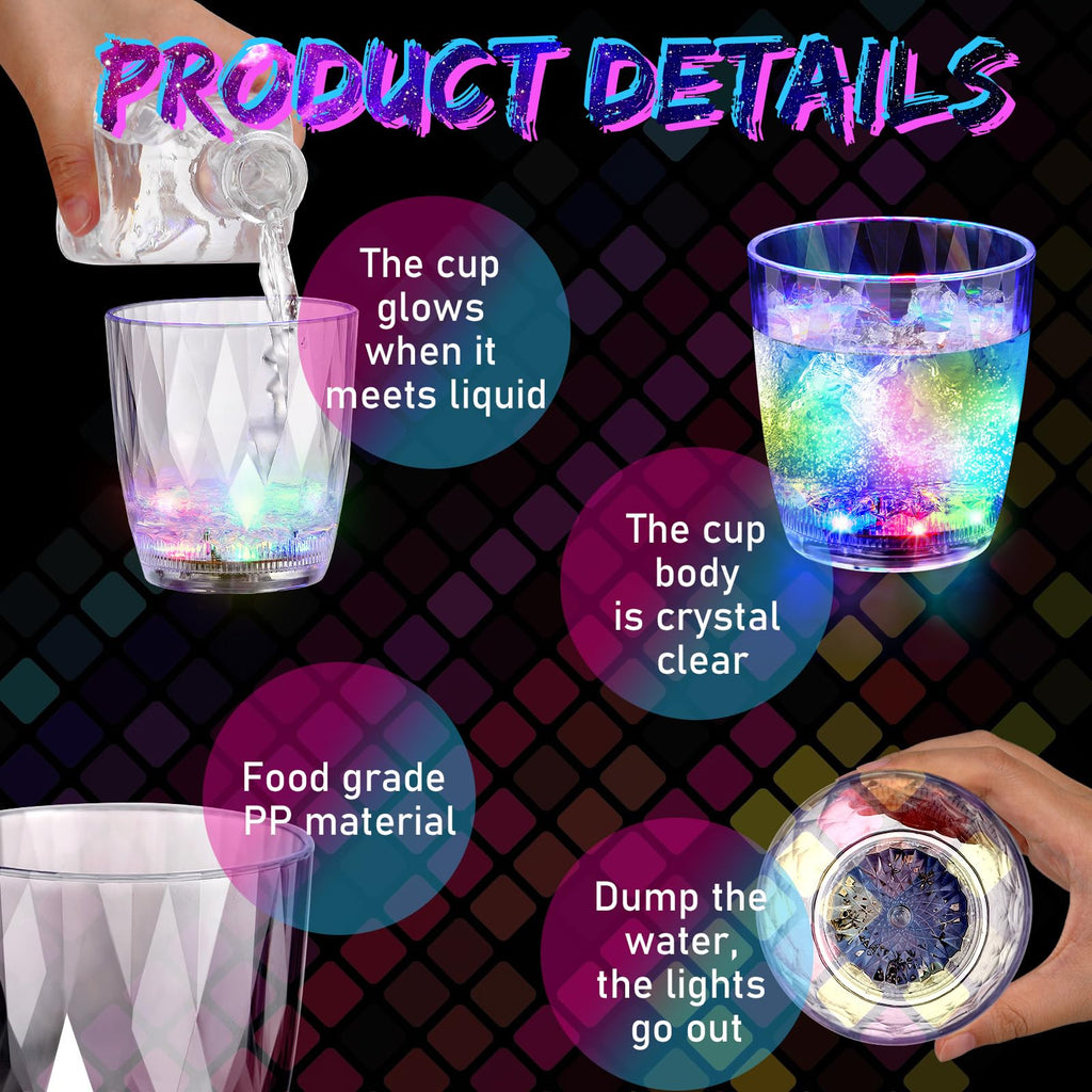 Potchen 6 Pcs 10 oz Plastic Light up Glasses LED Cups for Night Drinking Liquid Activated Glow Party Favor Multicolor Neon Shot Glasses for Disco Bar